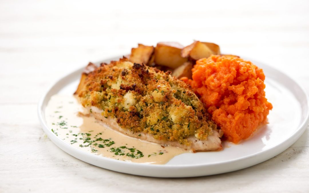 Goat Cheese-Crusted Chicken With Carrot Mash and Crispy Potatoes